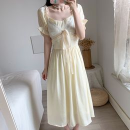 Robe d'été élégante pour femmes coréennes, douces filles, nœud papillon, manches bouffantes, taille haute, robe de soirée Slim, 210518