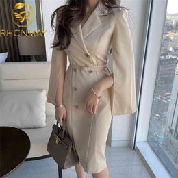 Robe d'été pour femmes, Chic coréen, tempérament élégant, revers, costume à double boutonnage, style fendu, manches d'horloge, avec ceinture, 210506