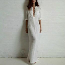 Robe longue en coton pour femmes, tenue d'été Sexy, couleur unie, longueur au sol, blanche, élégante, manches longues, 290b