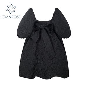 Vrouwen Jurk Zomer Vintage Elegante Temperament Baljurk Puff Sleeve Hoge Taille Backless Black Puffy Short Lady 210515