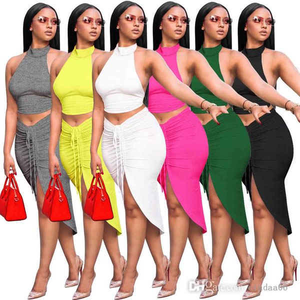 6 colores de las mujeres vestido de dos piezas de verano sexy vestidos midi sin mangas night club wear cuello redondo recortada halter top con cordón dividido media falda traje