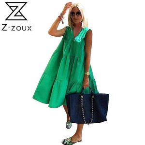 Femmes Robe Col En V Sans Manches Vert Vintage Robes Plus La Taille Lâche Casual Long Vêtements D'été 210524