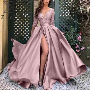 Vrouwen jurk V-hals Split Plus Size Lange Jurken Roze Zwart Groen Blauw Vintage Sexy Zomer Kleding 210513