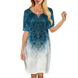 Vrouwen kleden vintage patroon 3D -geprinte vneck losse casual shift -jurk met korte mouwen voor vrouwelijke jurken Chinese stijl 220616