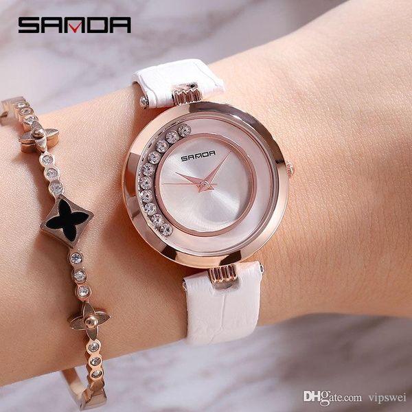 Reloj de mujer, resistente al agua, esfera de bola de diamantes de imitación, relojes de cuero blanco de moda de lujo, reloj de pulsera de regalo para estudiante, reloj de pulsera