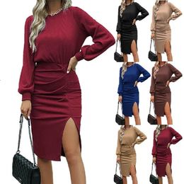 Femmes robe femmes fil taille fermeture lanterne à manches longues tricot fendu hanche Wrap robe femmes robe 240307