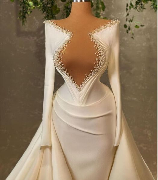 Vestido de mujer Yousef aljasmi Vestido de noche Cuello en V Satén blanco Perlas Sirena Labourjoisie Kim kardashian kylie jenner
