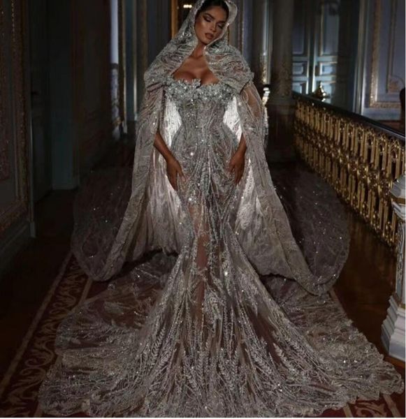 Robe femme Yousef aljasmi soirée sirène chérie avec coiffe cristal argenté LLong trail chérie Appliques robe de mariée