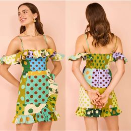 Vrouwen jurken groene polka dot mouwloze slash nek buis mini jurk bohemia stijl hoogwaardige nieuwe zomer dames kleding fz2404035