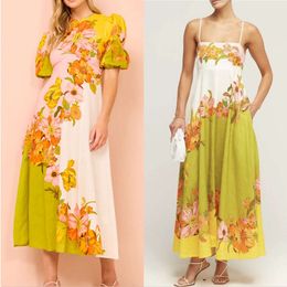 Vrouwen jurken bohemia -stijl hoogwaardige nieuwe zomer bloemenprint korthuls met korte mouwen roze geel wit contrasterende dating jurken dames fz2404035