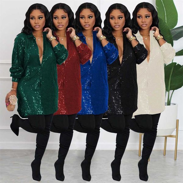 Femmes Robes Casual Designer 2023 Nouvelles Ventes Sexy Paillettes Chemise Solide Robe 5 Couleurs S-XXXL
