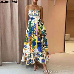 Vrouwen jurken ontwerper 2024 zomer nieuwe mouwloze kraagloze hoge taille geprinte gekleurde slijtage grote zoom hangende riem jurk