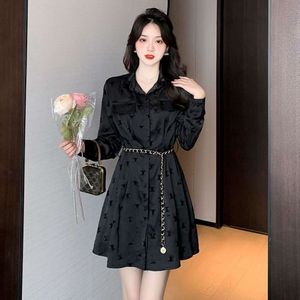 Dames jurken ontwerper jurk mode mode zwart veter shirt jurken zomertaal slanke revers met lange mouwen a-line jurk
