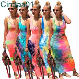 Vrouwen Jurken Echoine Tie Dye Print Sexy Lange Jurk Backless Bandage Maxi Jurken Mouwloze Vintge Vestidos Beach Party Club Outfis Sundress