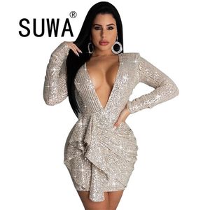 Vestidos de mujer Fiesta de noche Midi Elegante Brillante Cuello en V profundo Manga larga Diseñador elegante Volver Hollow Sexy Lady Vestidos de boda S-4XL 210525