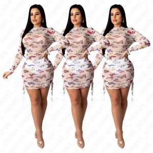 Vrouwen Jurken Lange Mouwen Jurk Korte Rok Mode Transparante Mesh Strap Design Butterfly Full Printing Jurk Bodycon Jurken S-XL D41001