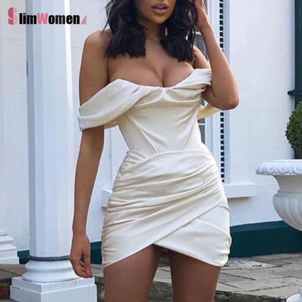 Femmes Robes Sexy Corset Robe Moulante Satin Hors Épaule Mini Robe Élégante Slim Stretch Ruché Rouge Robes Club Robe De Soirée Vestidos