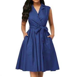 Vrouwen Jurken Mouwloze Notched Effen Marineblauw Met Strik Sjerpen Zomer A-lijn Strand Kantoor Jurk Plus Size 5XL Party Vestidos 210611