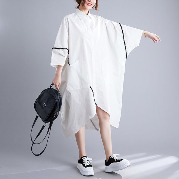 Vestidos de mujer Primavera Otoño Moda Estampado blanco Vestido asimétrico Midi Dama Casual Lindo Camisa larga Vestidos Media manga Vestidos de gran tamaño Vestidos sueltos de un solo pecho