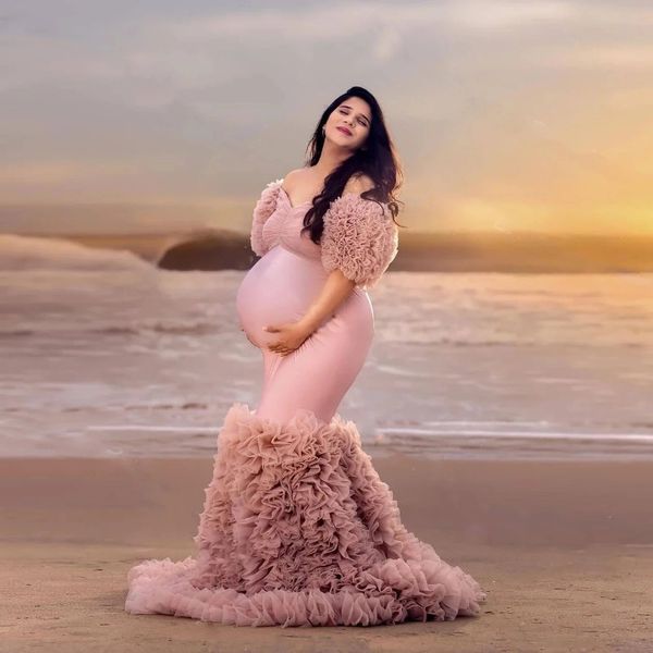 Robe de maternité sirène extensible et élégante, demi-manches, en Tulle superposé, robes de maternité, épaules dénudées