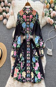 Femmes robes été 2023 Fashion Floral Print Bohemian Robe O-Neck Long Lantern Sleeve Boutons vers le haut Belted Mini Dress2735036