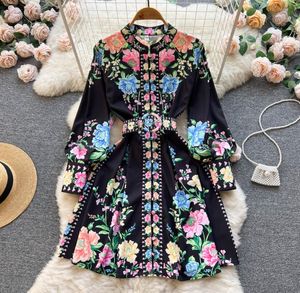 Femmes robes été 2023 Fashion Floral Print Bohemian Robe O Neck Long Lantern Sleeve Boutons vers le haut Belted Mini Dress5779391