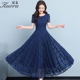 Femmes robes été bleu Vintage tenue décontractée Maxi Sukienka manches courtes grande taille en mousseline de soie Tunique Longue Femme Vestidos 220517