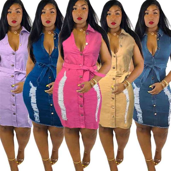 Femmes Robes D'été Taille Haute Polo Denim Robe avec Lacets Moulante Sexy Plus La Taille Déchiré Robe En Gros Dropshipping 210331