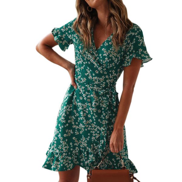 Vestidos de mujer Verano Sexy Cuello en V Estampado floral Boho Beach Ruffle Manga corta Una línea Mini Wrap Sundress Robe 210428