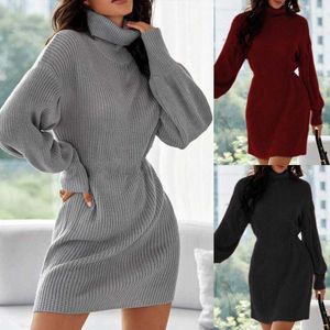 Femmes robes col roulé à manches longues robe pull automne hiver couleur unie côtelé pull Mini robe tricots vêtements d'hiver Y1006