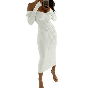 Vrouwen Jurken Winter Sexy Clubwear Off The Shoulder Skinny Slash Neck Lange Mouw Solid Bodycon Dress Office Lady Mid-Calf White Y19012102