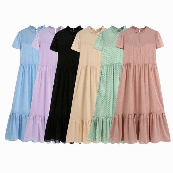 Femmes robes avec doublure mode flocage à pois à manches courtes en mousseline de soie matériel femme été longue robe 210602