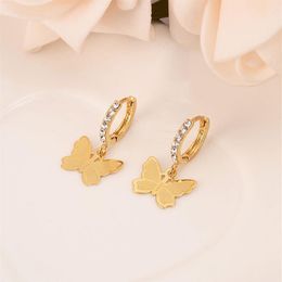 Boucles d'oreilles pendantes pour femmes, 22K 23K 24K, Baht thaïlandais, mode or fin GF CZ, bijoux à breloques papillon Vintage240s