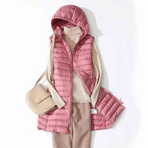 Vrouwen Duck Down Vest Jas Herfst Winter Ultra Licht Plus Size Down Puffer Coat Feamle Hooded Casual Mouwloos Gilet 211130