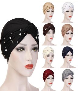 Femmes élastique Turban musulman Hijab islamique inde casquettes perles perle Bandanas dames Hijab écharpe chapeaux accessoires de cheveux 3291397