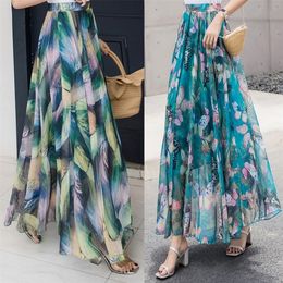 Vrouwen elastische taille chiffon elegante gedrukte lange rok vrouwelijke bohemie strand vakantie zijde-achtige met grote zoom 220317