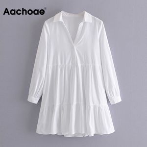 Vrouwen elegant een lijn katoenen shirt jurken chique lange mouw losse mini vrouwelijke draai kraag casual witte jurk 210413