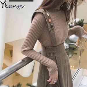 Vrouwen elegante herfst winter 2 stuk set slim fit gebreide truien chique plaid geplooid rok kantoor dames zoete pak streetwear 210421