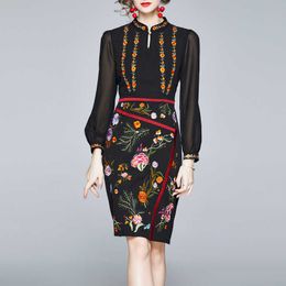 Dames Elegant Casual Office Look Workwear Party Dress Solid High End Vintage Floral Geborduurde 210529