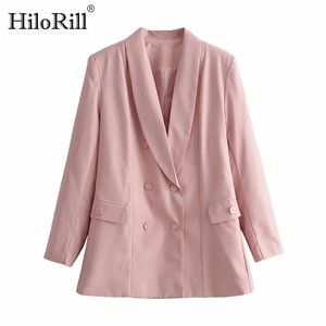 Blazer rosa elegante de doble botonadura para mujer, ropa de oficina a la moda, abrigo de manga larga con cuello entallado, chaqueta sólida con bolsillos 210508