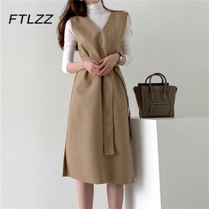 Femmes robe élégante mode sans manches col en V laine es dames coréenne laine midi printemps automne vestidos mujer 210525