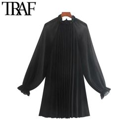 Femmes élégantes mode tenue de bureau plissée mini robe vintage col haut voir à travers les robes féminines robe 210507