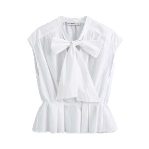 Femmes élégantes mode bureau porter des chemisiers à volants vintage blanc noeud col noué chemises sans manches filles chic hauts 210520