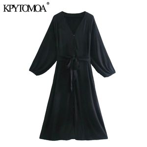 Moda elegante de las mujeres con botones Bow Sashes Midi Vestido Vintage V Cuello de manga larga Vestidos femeninos Mujer 210416