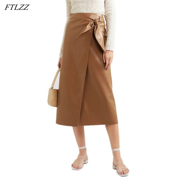 Femmes élégantes Faux PU Jupe en cuir Vintage Bow Split Bureau Lady Taille haute Slim 210430