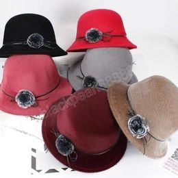 Vrouwen elegante Fedoras hoeden vintage bowknot wol vilt dames warme pet bloem pompom herfst winter panama emmer hoed