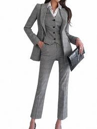 Femmes élégantes formelles Busin Blazer 3 pièces costume bureau travail veste à carreaux gilet pantalon coréen Fi femme tenues vintage Z2Yb #