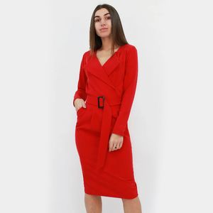 Femmes élégantes poches avant a-ligne ceintures robe à manches longues col cranté col en v bureau dame vêtements de travail 2020 automne femmes robe