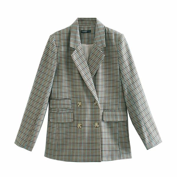 Chaqueta a cuadros verde elegante para mujer, abrigo de manga larga con doble botonadura, abrigo ajustado a cuadros, traje de celosía para trabajo de oficina, chaqueta, prendas de vestir exteriores 210520