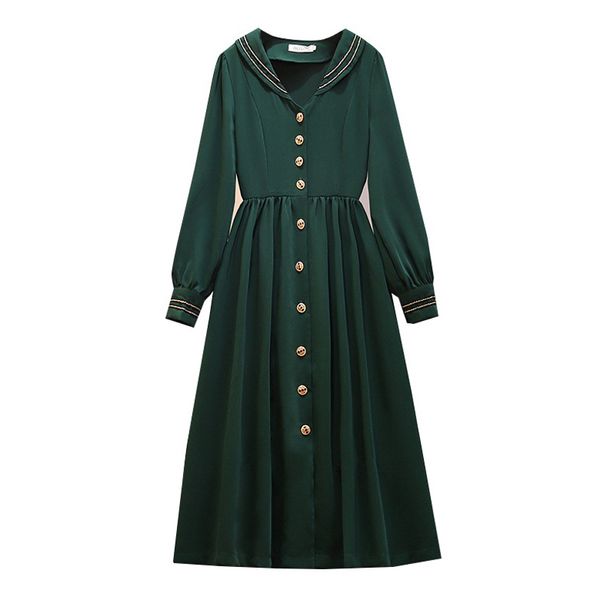 Femmes élégant vert col châle à manches longues genou longueur robe Vintage bouton solide D2200 210514